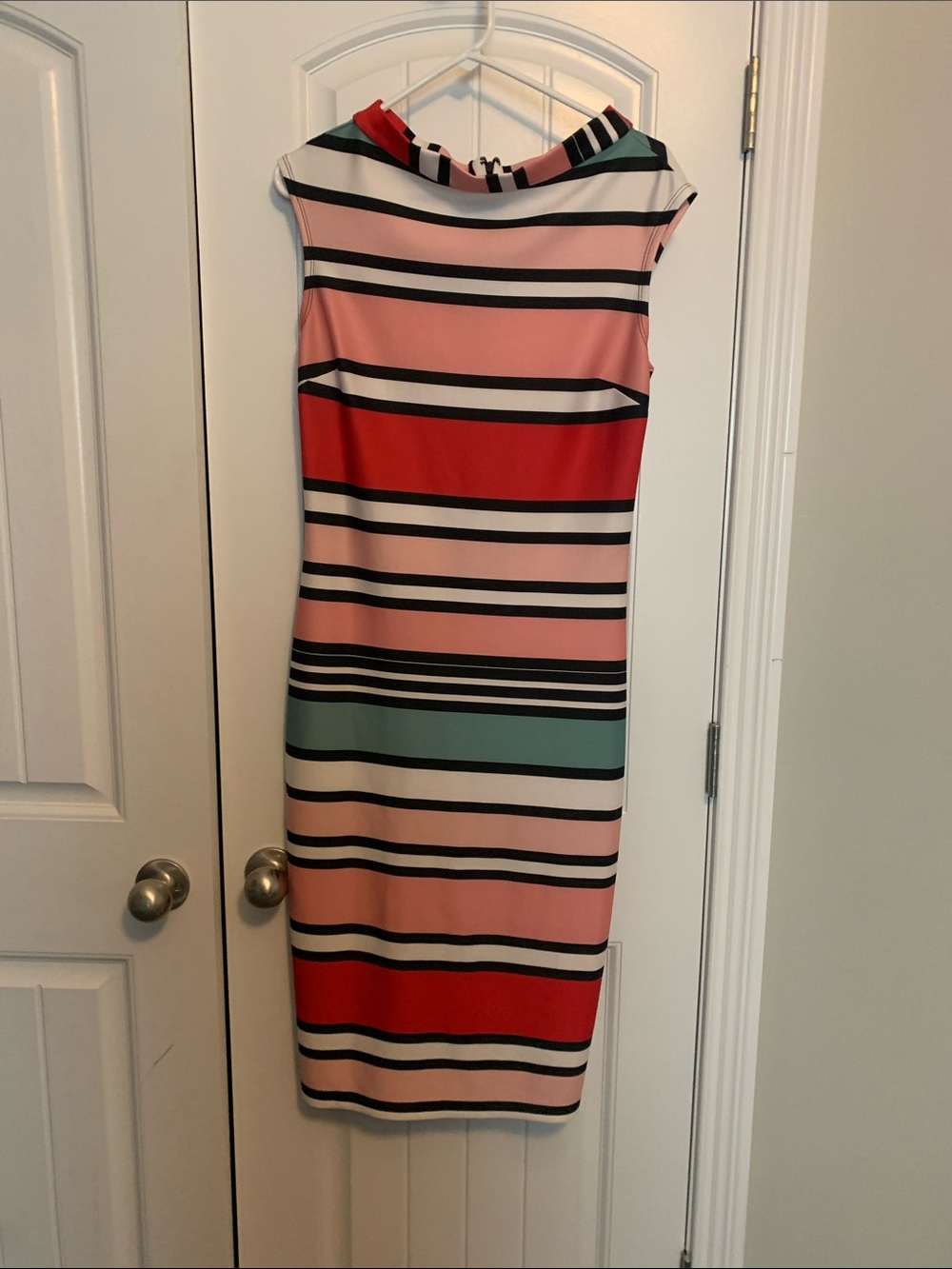 New York & Company Pink, Red & Mint Striped Midi Sheath Dress